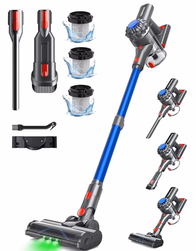 Ivormentico Aspirateur Balai sans Fil, 50Mins/40KPA/450W Aspirateur sans Fil, Aspirateur Balai avec LED Verte, Aspirateur avec Brosse à Plancher Améliorée, pour Tapis, Sols Durs, Poils d'animaux, Bleu
